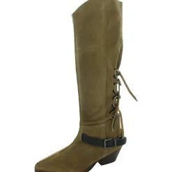 Back Lace Sway Low Belted Leather Knee-High Boots