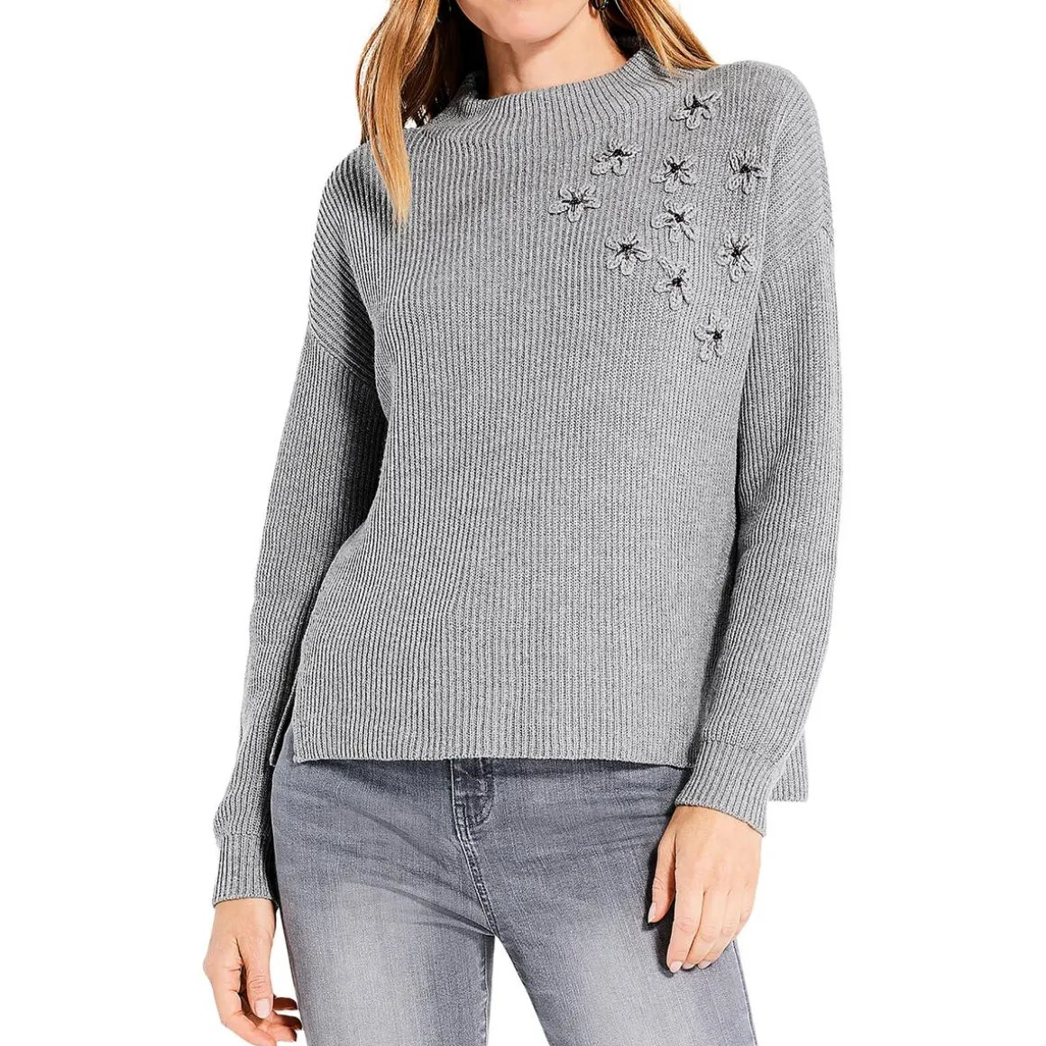 Beaded Mock Neck Pullover Sweater