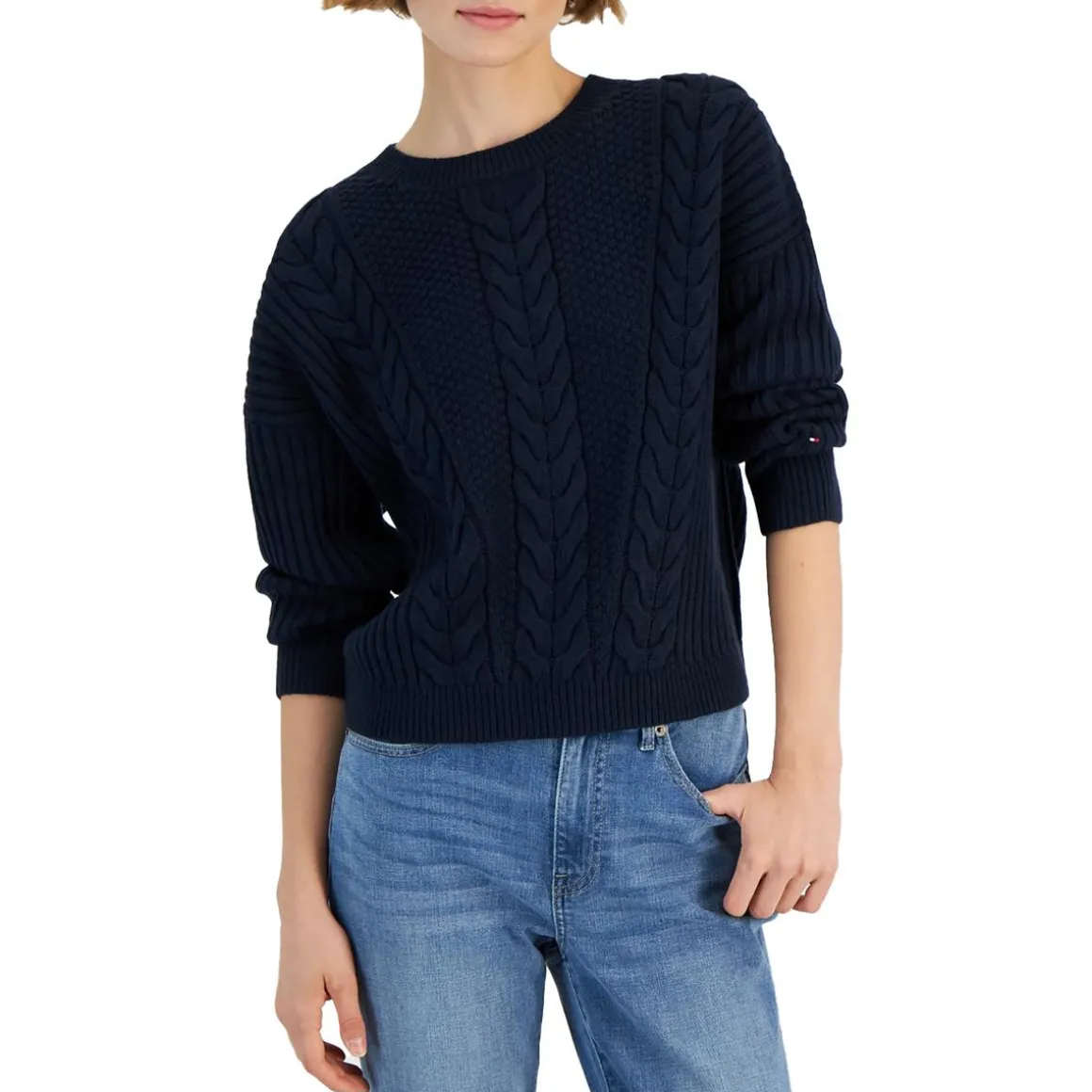 Bobbi Sweater Ribbed Trim Cable Knit Crewneck Sweater