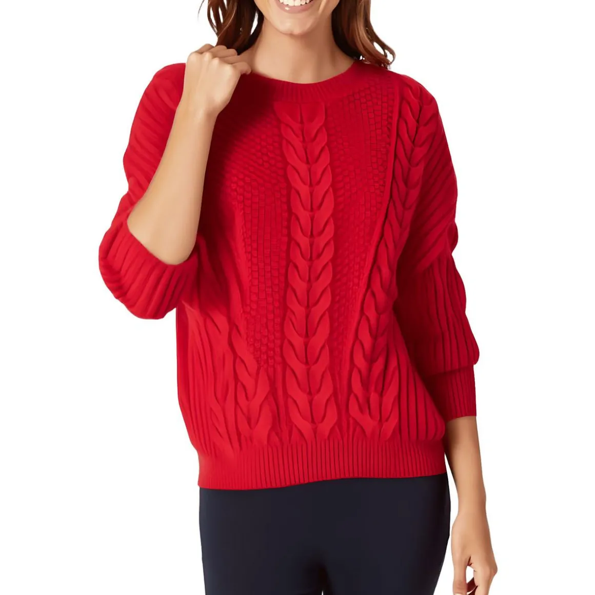 Bobbi Sweater Ribbed Trim Cable Knit Crewneck Sweater