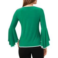 Contrast Trim Bell Sleeve Blouse
