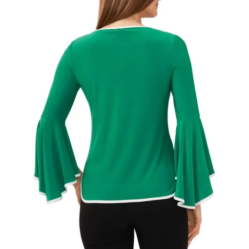 Contrast Trim Bell Sleeve Blouse