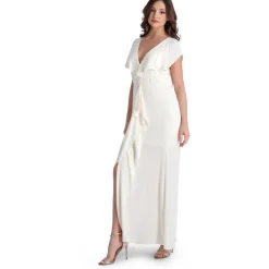 Evette Ruffled Chiffon V-Neck Gown with Front Slit