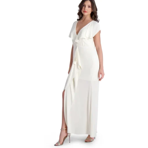 Evette Ruffled Chiffon V-Neck Gown with Front Slit
