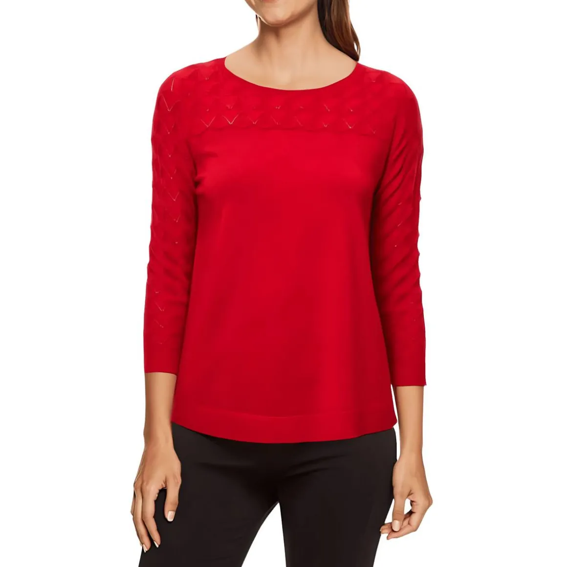 Eyelet Ribbed Trim Crewneck Sweater