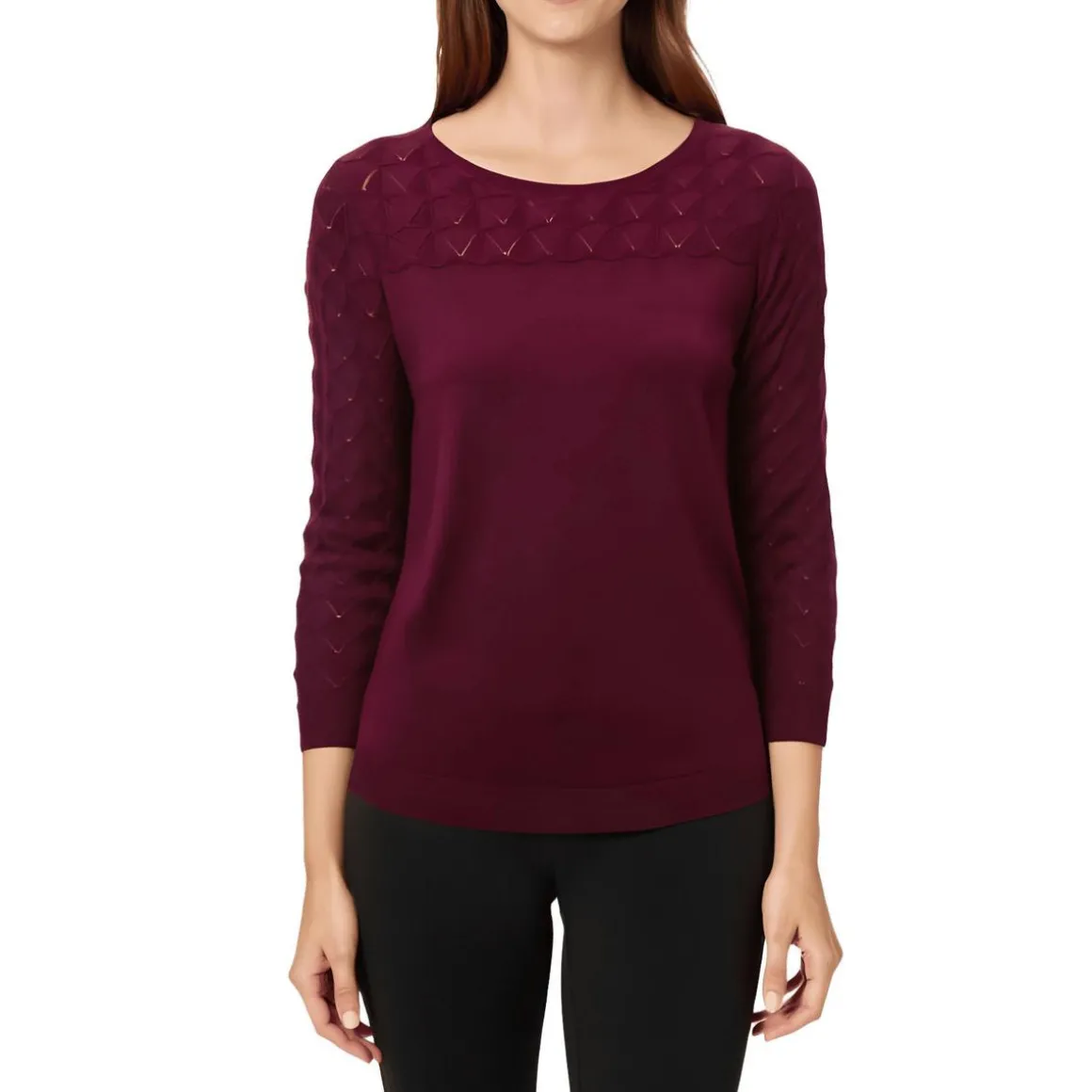 Eyelet Ribbed Trim Crewneck Sweater