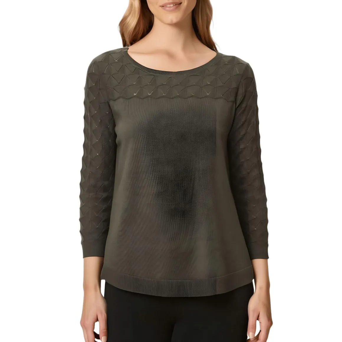 Eyelet Ribbed Trim Crewneck Sweater