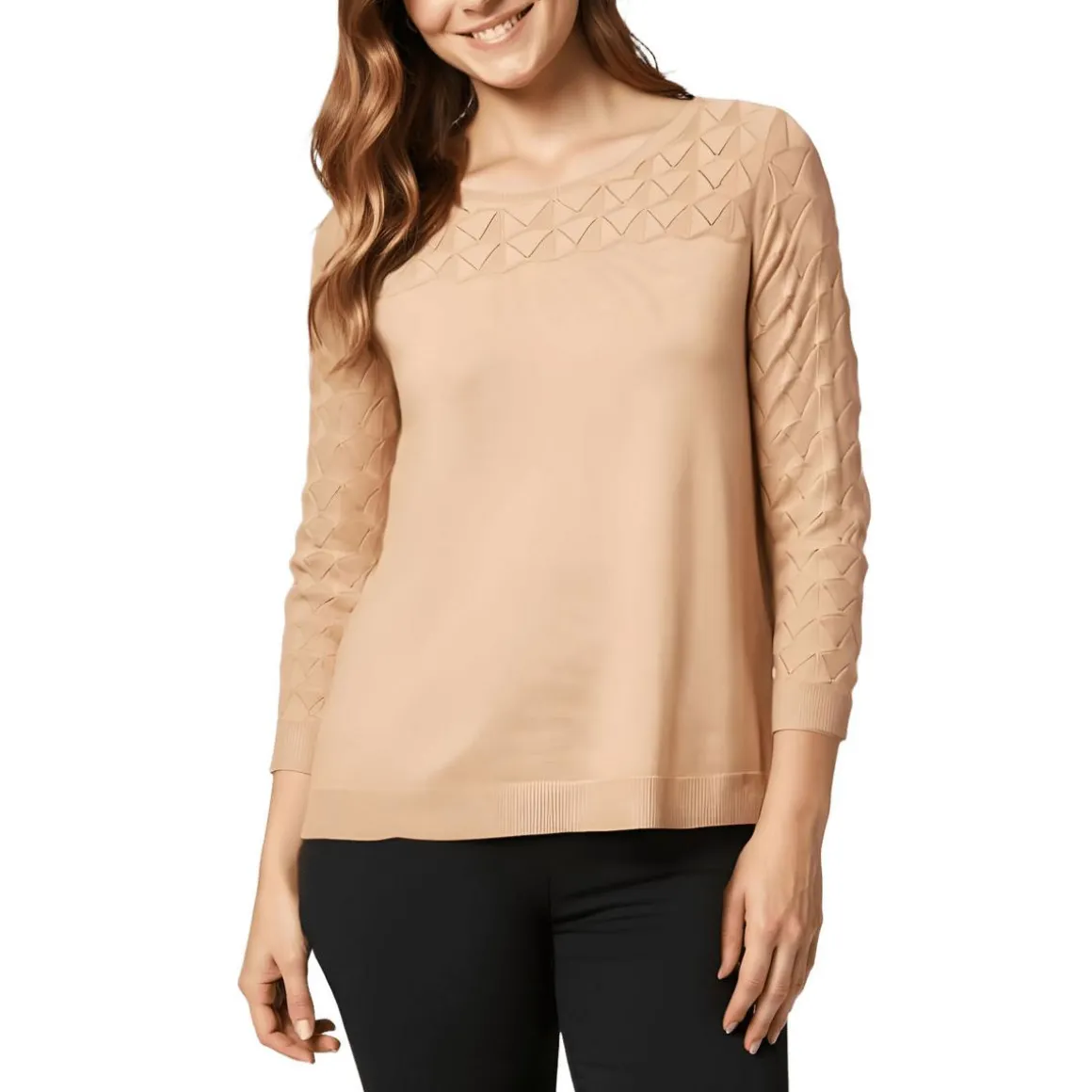 Eyelet Ribbed Trim Crewneck Sweater