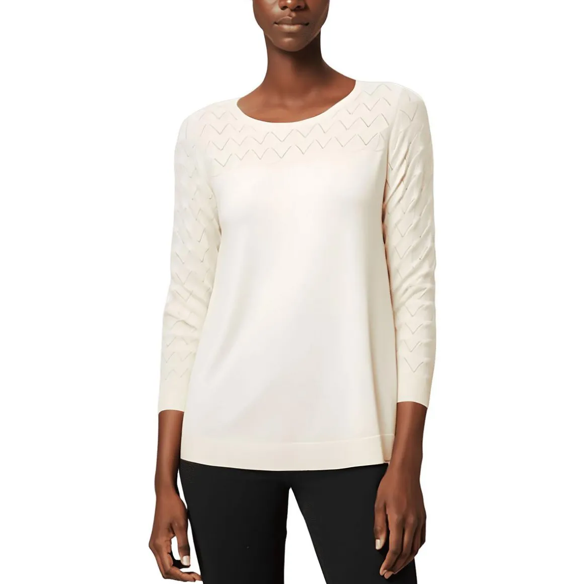 Eyelet Ribbed Trim Crewneck Sweater