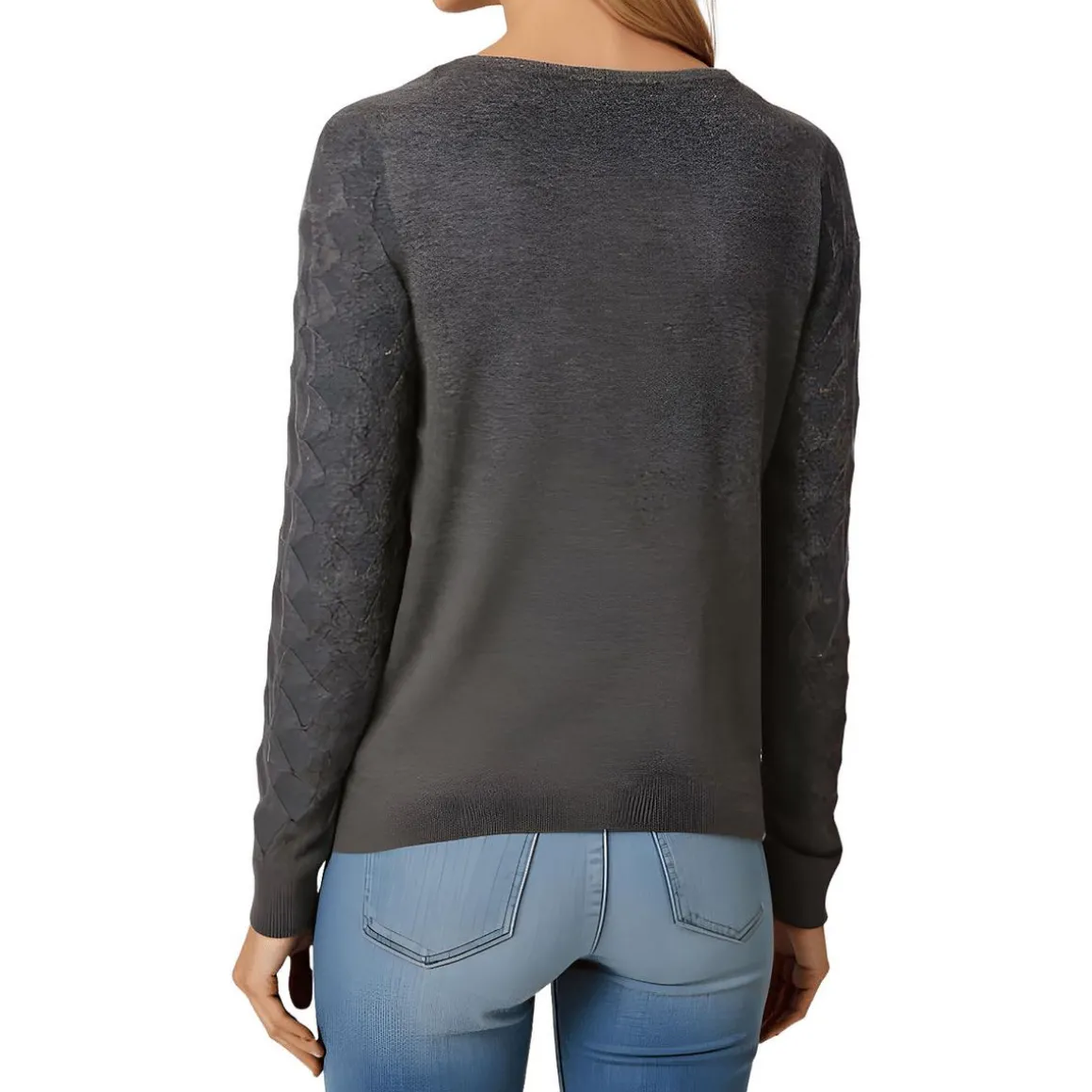 Eyelet Ribbed Trim Crewneck Sweater