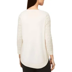 Eyelet Ribbed Trim Crewneck Sweater