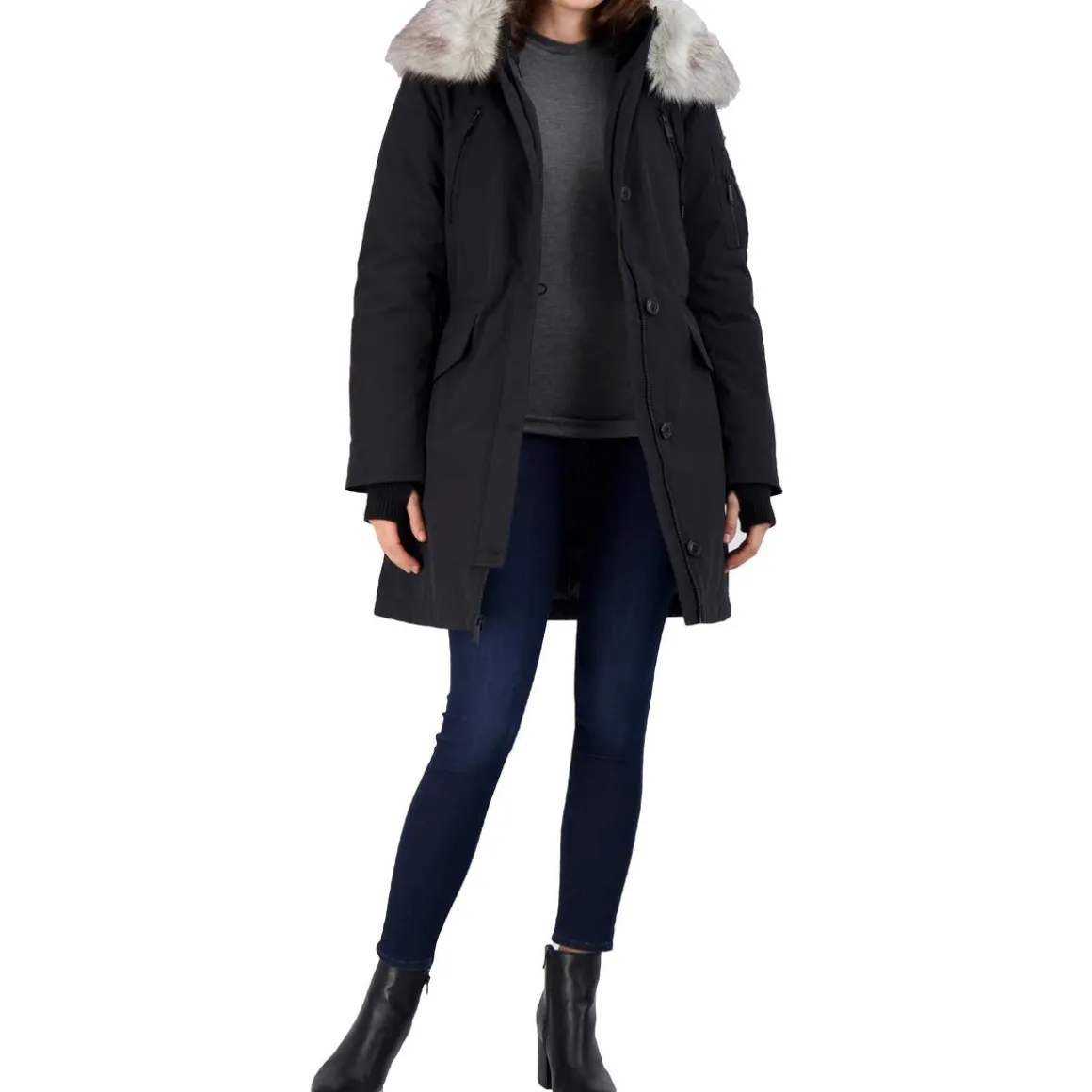 Faux Fur Trim Mid-Length Winter Parka Coat