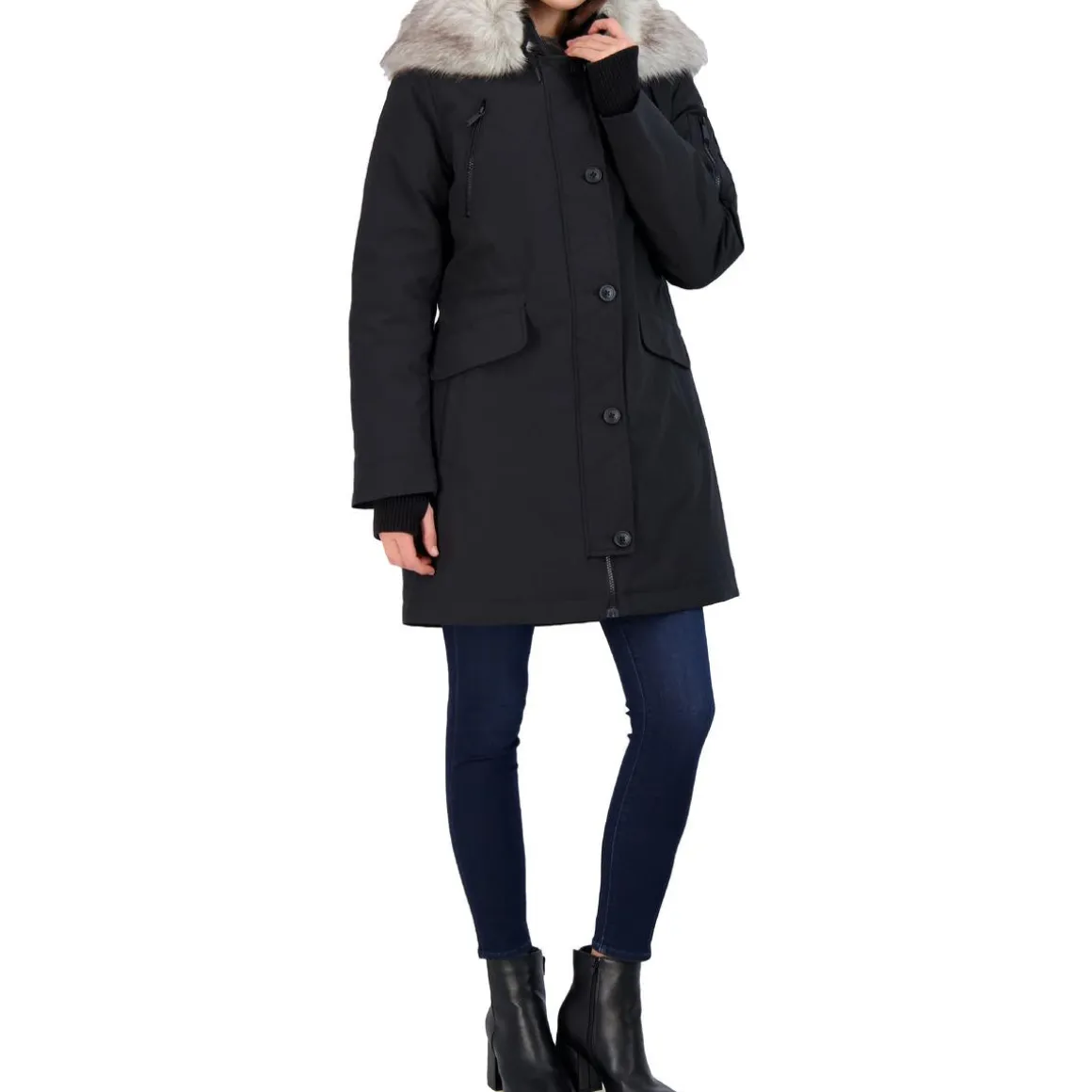 Faux Fur Trim Mid-Length Winter Parka Coat
