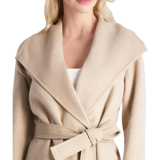 Juliette Wool Blend Double Face Faux Leather Trim Belted Coat