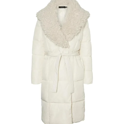 Long Quilted Maxi Wrap Puffer Coat with Faux Fur Collar
