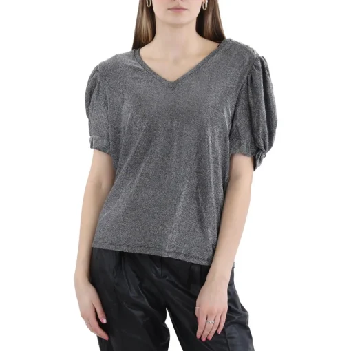 Metallic Puff Sleeves Pullover Top