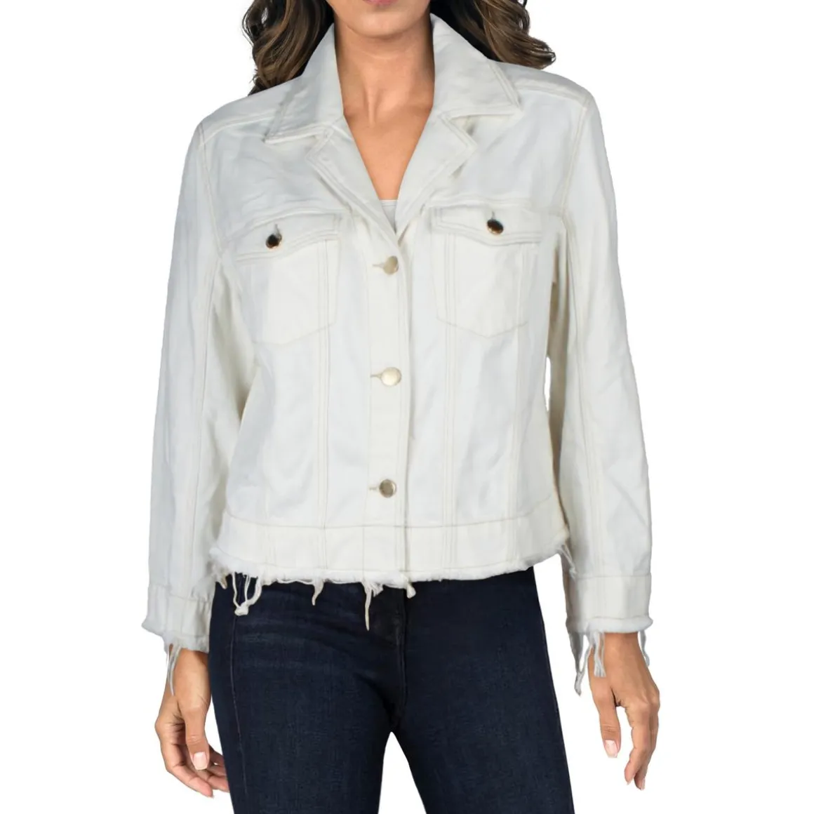 Notch Collar Frayed Hem Denim Jacket