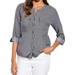 Petites Button-Front Long Sleeve Blouse