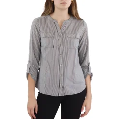 Petites Button-Front Long Sleeve Blouse