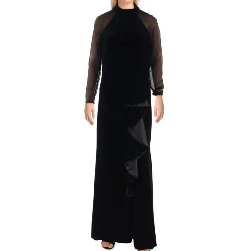 Petites Illusion Velvet Evening Dress