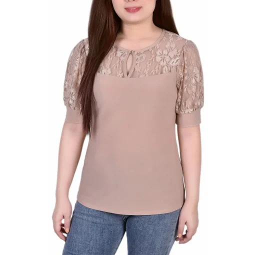 Petites Keyhole Lace Trim Blouse