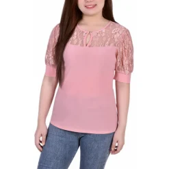 Petites Keyhole Lace Trim Blouse