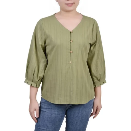 Petites Ribbed Long Sleeves Button-Down Top