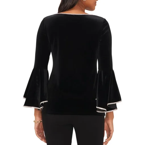 Petites Velvet Rhinestone Trim Blouse