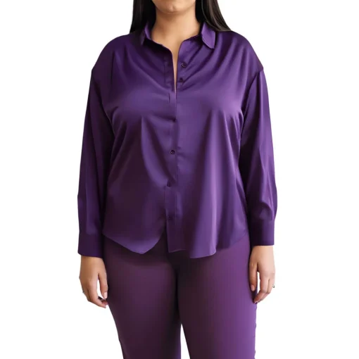 Plus Collar Side Slit Button-Down Top