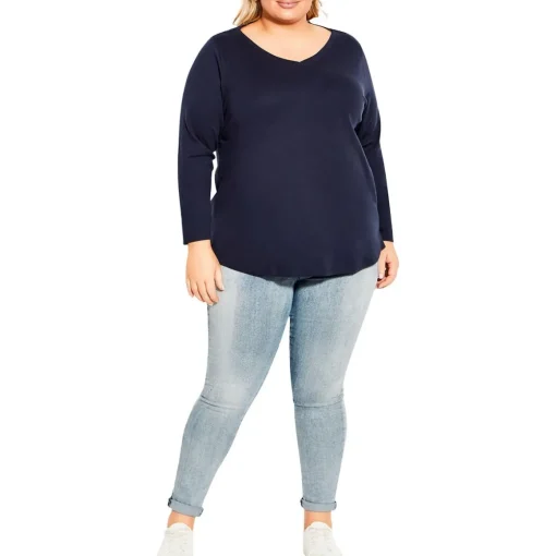 Plus Cotton V Neck Pullover Top