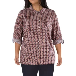 Plus Printed Cotton Button-Down Top