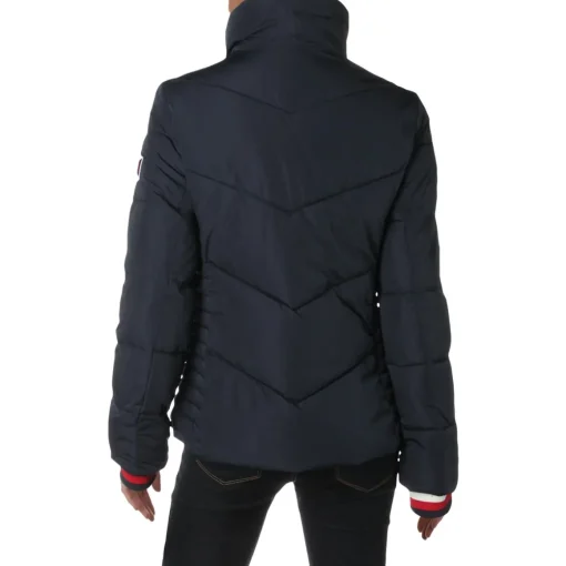 Quilted Chevron Hoodless Stand Collar Winter Puffer Coat