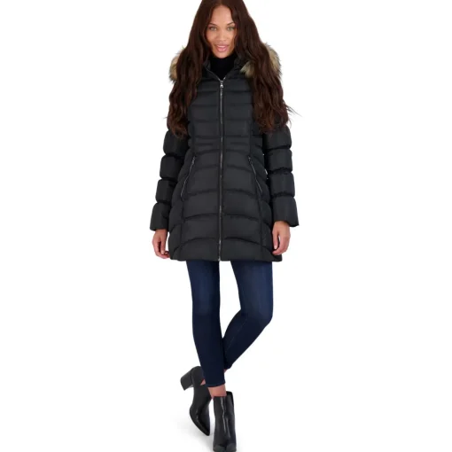 Quilted Faux Fur Trim Mid-Length Puffer Coat