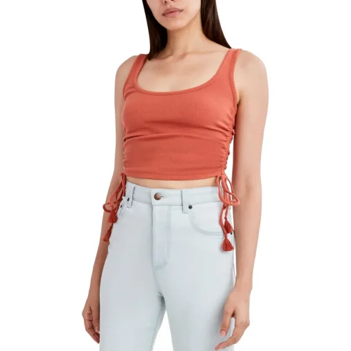 Ribbed Knit Cropped Tank Top with Drawstring Sides