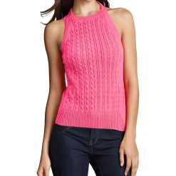Ribbed Trim Cable Knit Halter Top