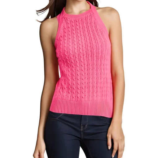 Ribbed Trim Cable Knit Halter Top