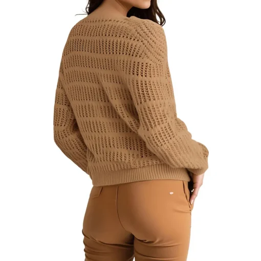Ribbed Trim Crochet Pullover Sweater