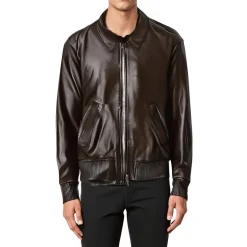 Ribbed Trim Lambskin Leather Leather Jacket