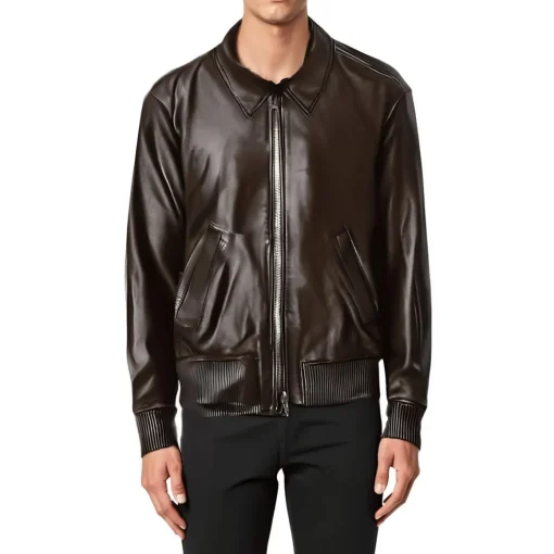 Ribbed Trim Lambskin Leather Leather Jacket