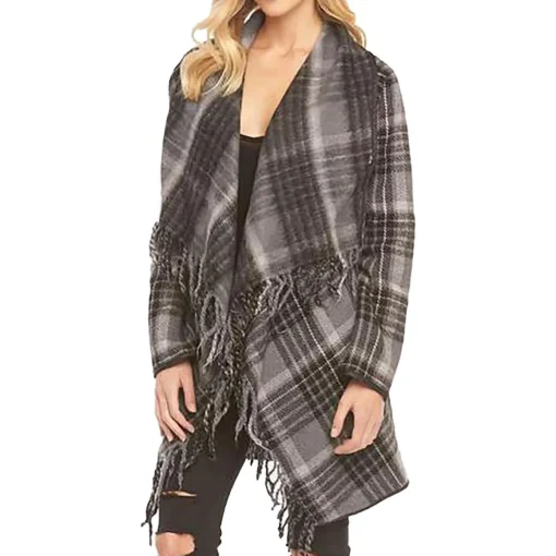 Sage Plaid Asymmetric Fringed Wool Coat