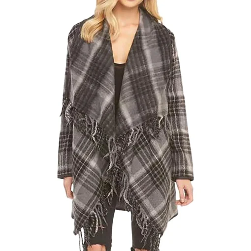 Sage Plaid Asymmetric Fringed Wool Coat