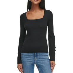 Square Neck Button Trim Pullover Sweater