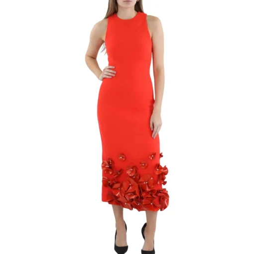Wool Leather Flower Midi Dress